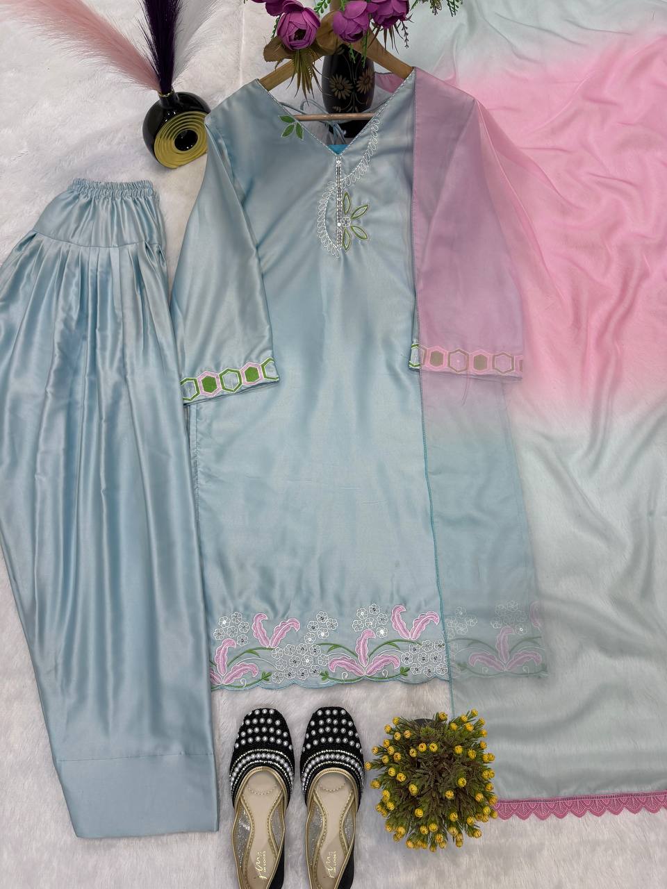 Pastel Blue Scalloped Hem Ensemble